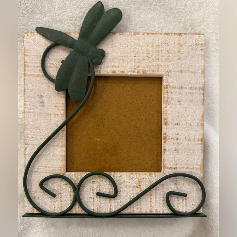 Vintage Photo Frame Dragonfly 2001 Wooden With Green Metal Accents 6